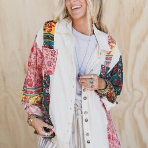 POL Cream Button-Up Jacket with Multicolor Patchwork Sleeves